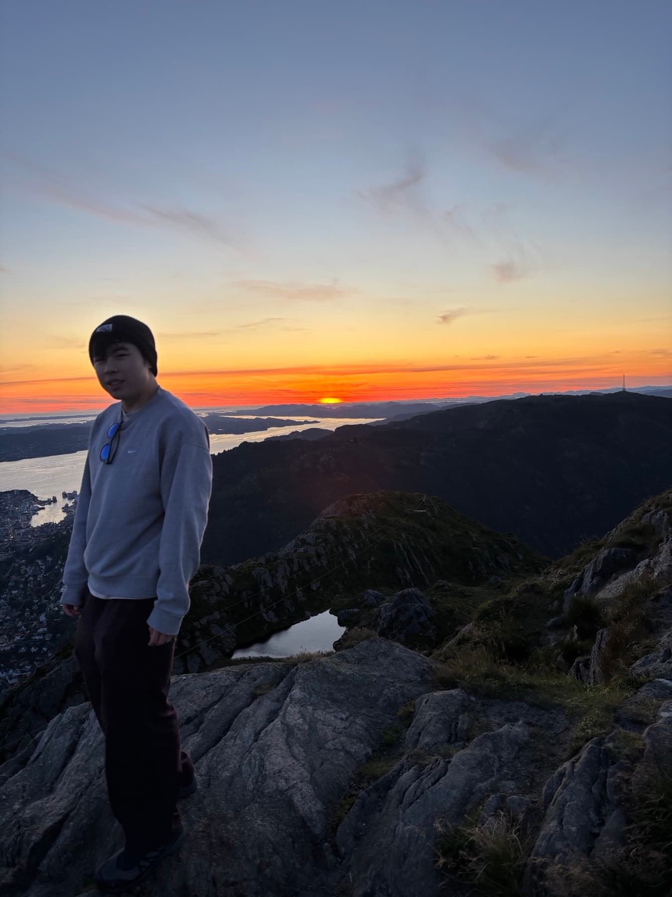 Watching the sunset over the fjords above Bergen, Norway